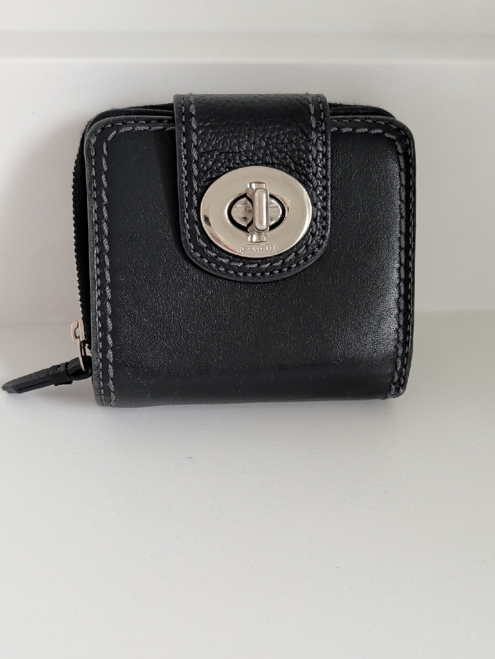 Coach Leather Zip Wallet with Turn-Lock Closure - Black